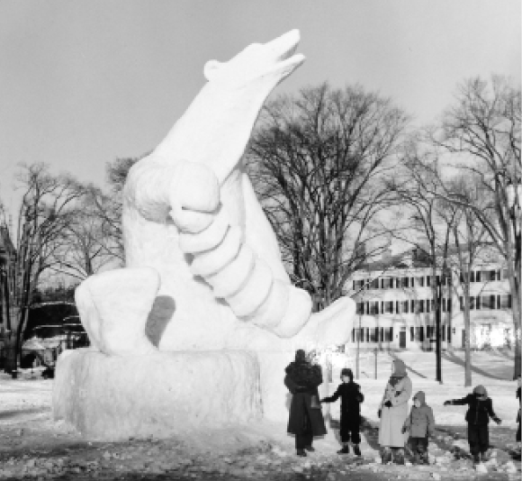 “The Wunder Bear,’  the brainchild of a student, graces The Green with its dynamic presence in 1950.